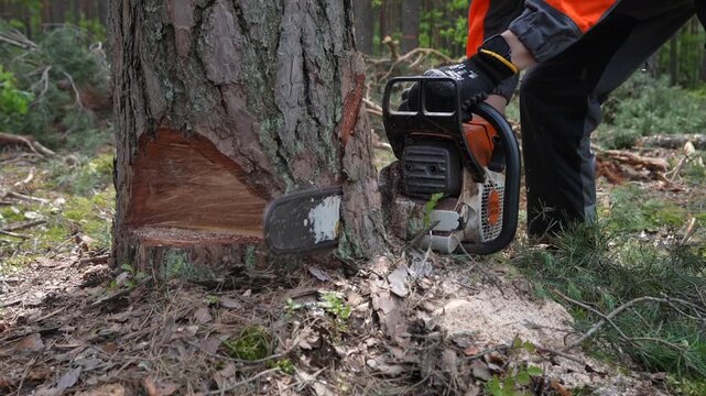 A professional lumberjack cutting down a dangerous tree near a public road.  An arborist, wearing safety gear, uses a chainsaw to trim a branch from a tree in a dense forest 