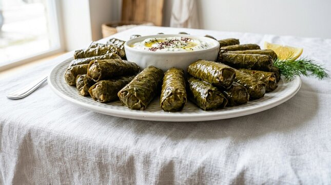 Yaprak sarma platter plate of yaprak sarma stuffed vine leaves with yoghurt on white plate white table low dramatic angle
