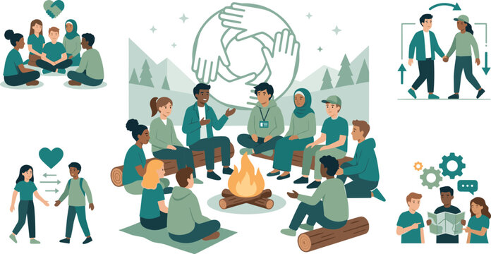 Support Group Therapy Icon Set with Diverse People Sitting by Campfire, Hand Circles, and Empathy Symbols for Mental Health Graphics