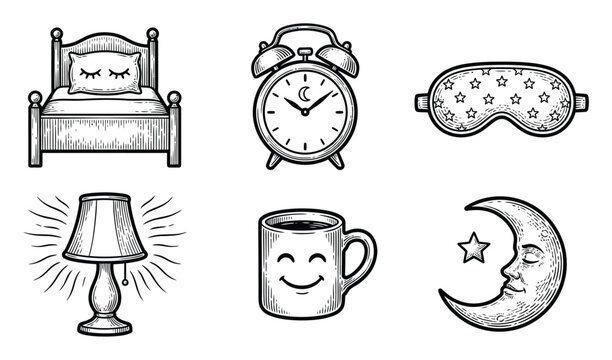 A collection of hand-drawn sleep and bedtime themed including a bed, alarm clock, eye mask, lamp, mug, and moon