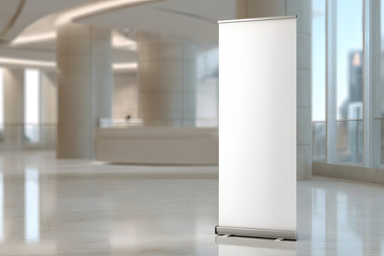 Modern interiors include pull up banner mockup stands and blank roll up posters for advertising or marketing messages.