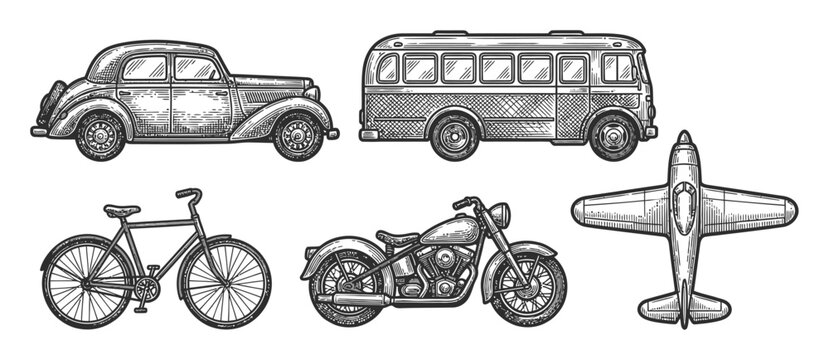 A collection of vintage transportation vehicles including a car, bus, bicycle, motorcycle, and airplane in a style