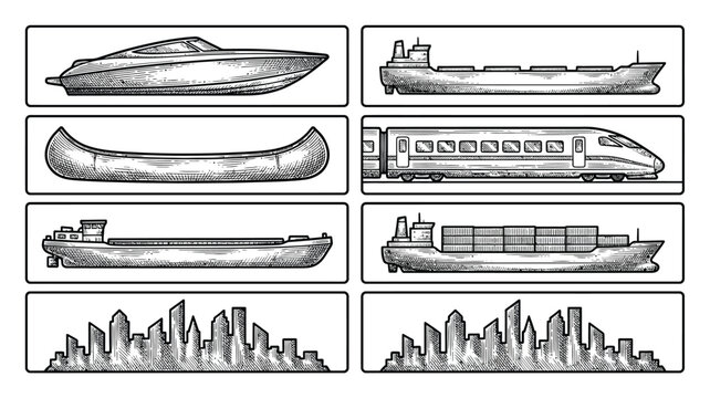 A collection of vintage-style line featuring various modes of transportation and city skyline silhouettes