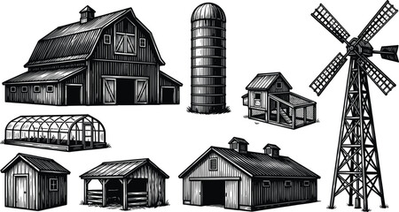 Vintage woodcut style farm building collection with barn silo windmill greenhouse and shed illustrations isolated on white © MstShapla