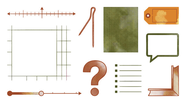 Collection of various objects including a green textured square, orange tags, speech bubble, question mark, and a laptop