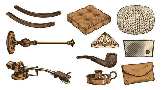 Collection of vintage woodworking tools and accessories displayed on a neutral background