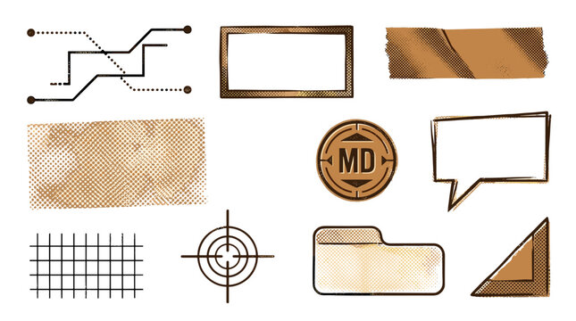 Collection of vintage and modern graphic design elements including frames, textures, speech bubbles, and target icons