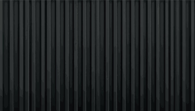 Dark black corrugated metal sheet texture background. Minimalist industrial design featuring vertical ribbed lines and dark shadows for a modern architectural wallpaper.