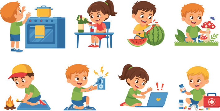 Kids home safety hazards set with children touching hot stove cutting watermelon with knife playing with fire and electrical outlets vector illustration