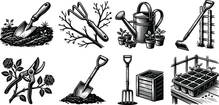 Vintage woodcut style gardening tool set with shovel watering can pruning shears and seedlings isolated on white background