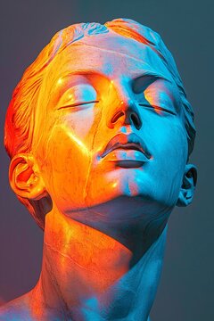 Elegant bust sculpture with colored lighting in artistic display