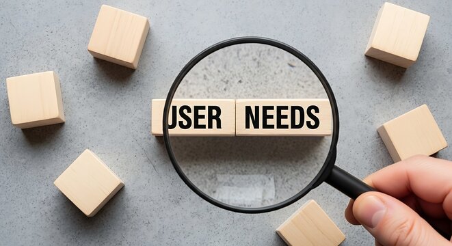 User needs text on wooden blocks under magnifying glass, customer experience research and product development concept, market analysis strategy