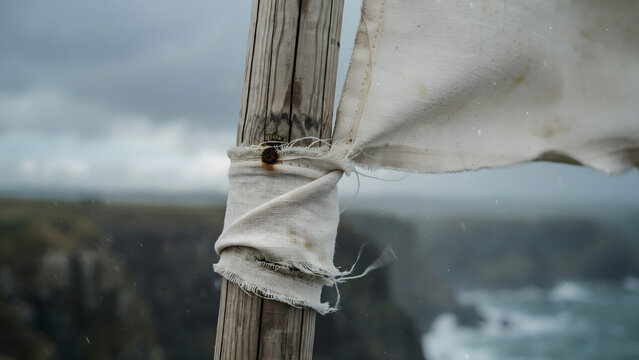 Rope knotted around weathered wooden post near water with blurred background