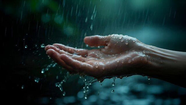 Human hand reaching out to catch falling rain drops.
