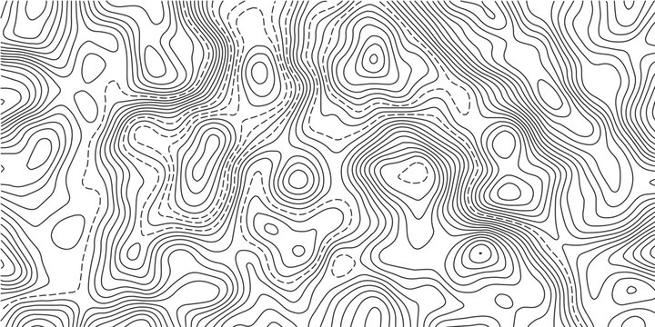 Abstract black and white topographic contour pattern featuring flowing terrain curves and wavy lines that resemble wood grain or fingerprint textures in a clean modern map style design.