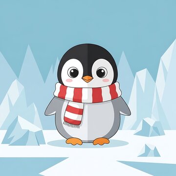 Cute cartoon penguin character in winter scene.