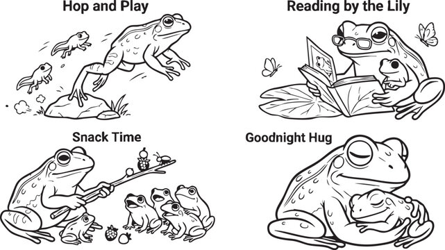 Whimsical illustrations of frogs and tadpoles in daily activities, perfect for kids