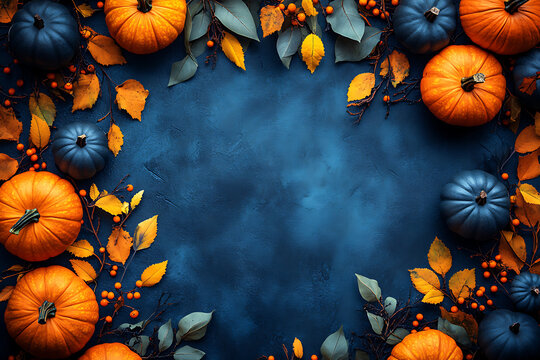 Autumn flat lay frame with bright orange and dark blue pumpkins, fall leaves, and berries on a textured navy background