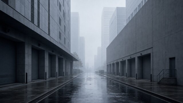 Empty Service Road in Cold City Fog
