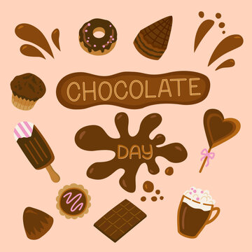 World Chocolate Day vector illustration set. Sweet desserts, chocolate splash, donut, muffin, ice cream, candy, cookie, and hot cocoa cup for bakery menu banner or greeting card design.