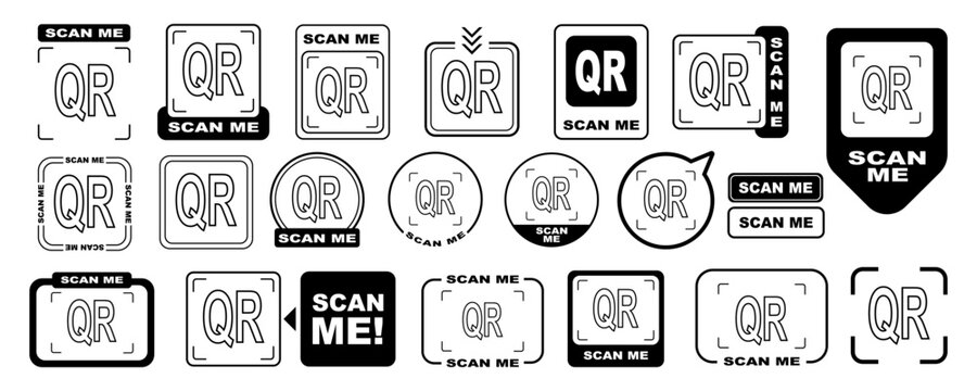 Scan qr me icon cta now code arrow frame here for modern label and button collection. Vector logo sticker with mobile app scanner and phone sign by black outline style