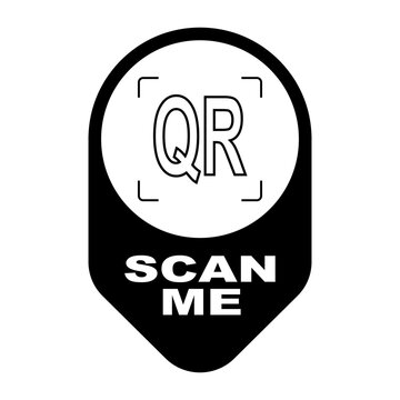 scan me qr code location pin sign with bold marker shape, clean black and white scanning label for contactless access, menus and business display