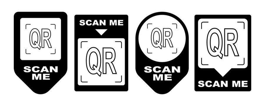Scan qr me icon with cta now code for arrow frame. Here logo vector label set by bold black sticker and badge style. Modern scanner sign for mobile payment.