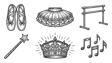Set of hand-drawn ballet and fairy tale including tutu, ballet slippers, crown, magic wand, and musical notes © ThephotoLab