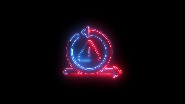 Neon glowing icon of a warning sign inside a circular arrow, representing a retry or refresh error concept on a black background