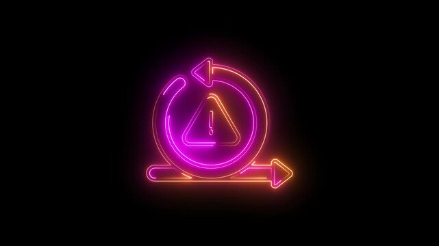 Neon glowing icon of a warning sign inside a circular arrow, representing a retry or refresh error concept on a black background