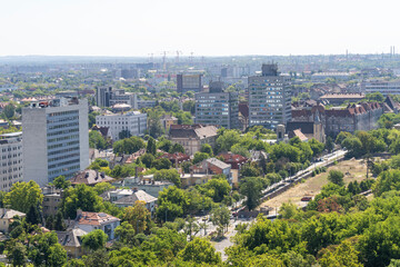 Obraz premium Panoramic cityscape of Budapest from the air with residential buildings and green areas