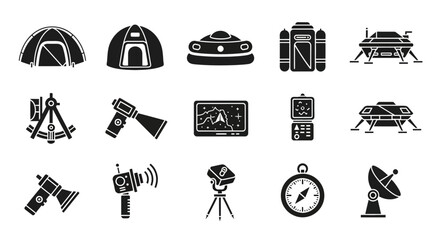 Exploration and adventure equipment glyph icons set © Kas