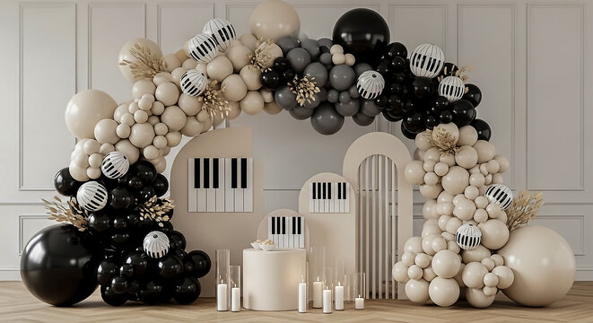 Stylish balloon arch and pillars designed with piano keys, white candles, and decorative accents for a sophisticated event setup.