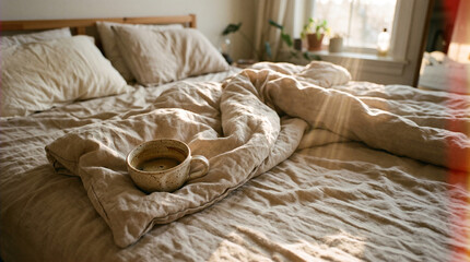 Fototapeta premium Cozy morning scene with ceramic coffee cup on unmade messy bed in warm sunlight