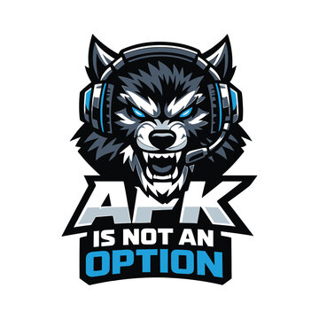 Angry wolf gamer esports logo with headset and afk slogan