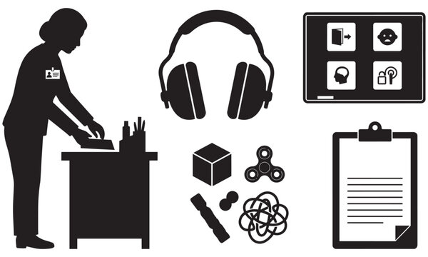 Black and white silhouette of a woman working at a desk with various office and productivity items  headphones  fidget spinner  tablet  clipboard