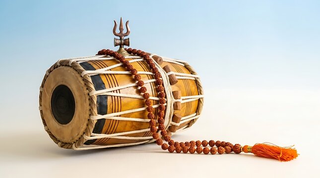 The mRIDANGAM drum rests on a surface with a decorative trident and rosary nearby.