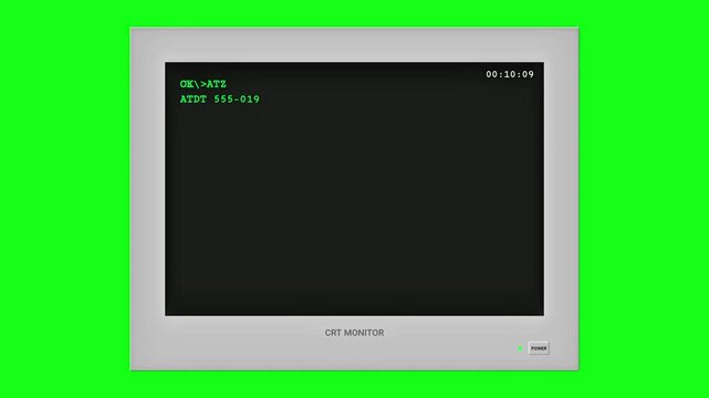 Retro CRT monitor showing modem dial-up internet connection on green screen