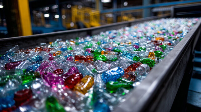 A colorful array of plastic bottles on a conveyor belt highlights the recycling process in an industrial setting, emphasizing the importance of sustainability and waste management.