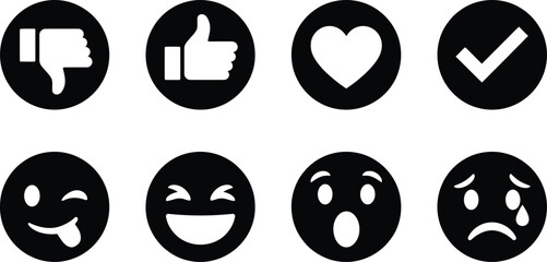 Social media reaction icons set with black circular buttons featuring thumbs up heart check mark and emoji facial expressions. © Sumaiya