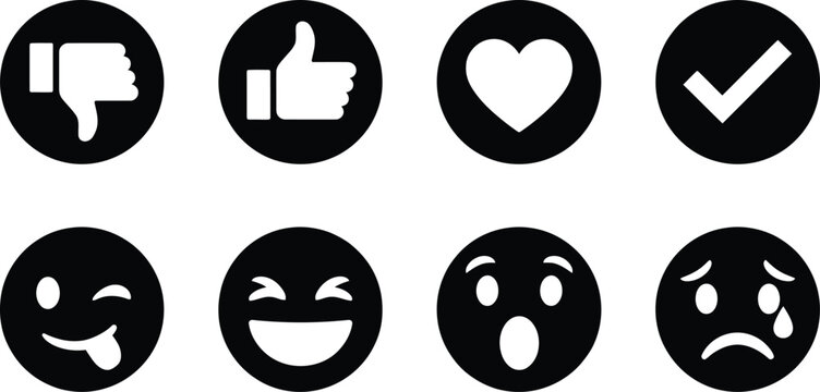 Social media reaction icons set with black circular buttons featuring thumbs up heart check mark and emoji facial expressions.