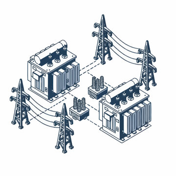 Electrical power grid substation with transformers and transmission towers.