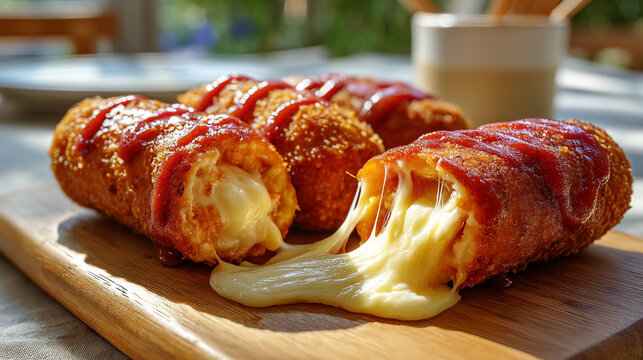 Deep fried mozzarella cheese sticks with ketchup drizzle mozzarella appetizer