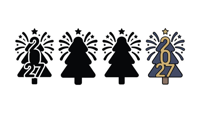 Christmas tree silhouettes with fireworks and numbers on transparent background