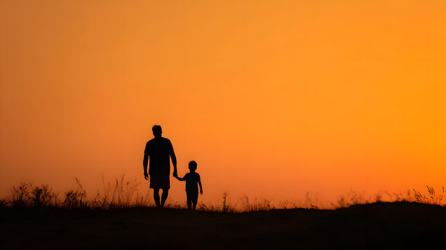 father and child silhouette at sunset, holding hands, golden hour lighting, emotional father's day background, copy space 
