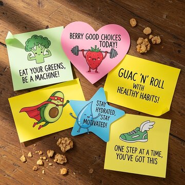 Colorful healthy eating motivational posters on wooden table.