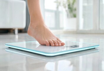 Fototapeta premium Bare feet standing on a digital bathroom scale in a bright minimalist room, symbolizing wellness, fitness, weight management, healthy lifestyle, and self-care.