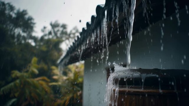 Rain gutter roof eave water flow house exterior tropical garden storm water runoff from house eave, wet roof and drainage system in rainy weather