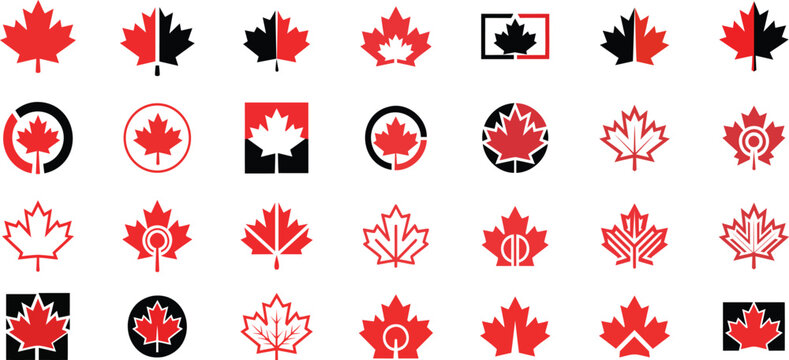 Collection of Canadian maple leaf logos and icons in various stylized designs