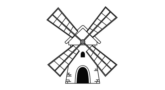 Classic white windmill with four large sails and a dark arched entrance standing on a stone base foundation.